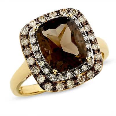 Cushion-Cut Smoky Quartz Ring in 14K Gold with Enhanced Champagne and White Diamonds