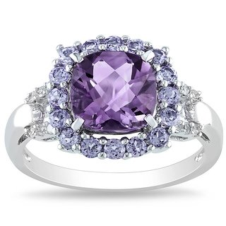 Miadora Sterling Silver Cushion-cut Amethyst, Tanzanite and Diamond Accent Ring