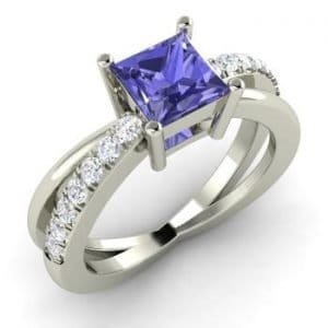 Princess-Cut Tanzanite and I Diamond Sidestone Engagement Ring in 14k White Gold