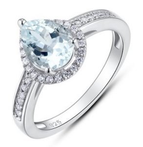 Sterling Silver Pear Cut Genuine Natural Aquamarine Halo Ring