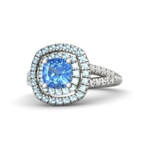 cushion blue topaz 18k white gold ring with aquamarin and white sapphire