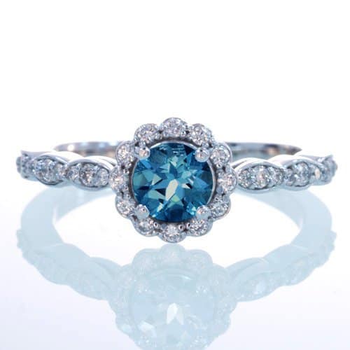 14K White Gold Diamond London Blue Topaz Floral Halo Engagement Wedding Ring