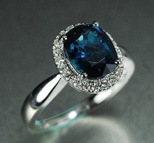 2 Carat Blue Tourmaline Engagement Ring With Diamonds, 14k White Gold