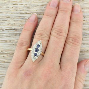 Art Deco Sapphire Old Cut Diamond Gold Navette Ring