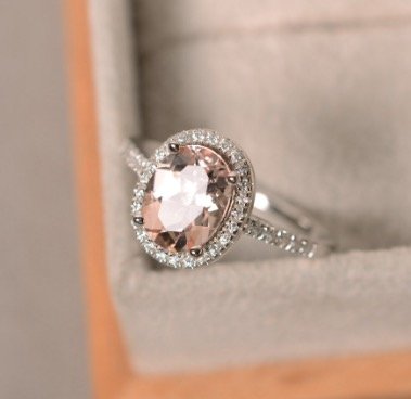 Natural morganite ring, sterling silver, pink gemstone morganite, halo ring, engagement ring