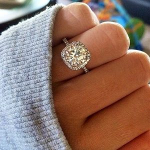 dream engagement ring perfection cushion cut halo with thin band with diamonds on the band