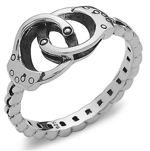 handcuff ring with chain band in 925 sterling silver by silver phantom jewelry