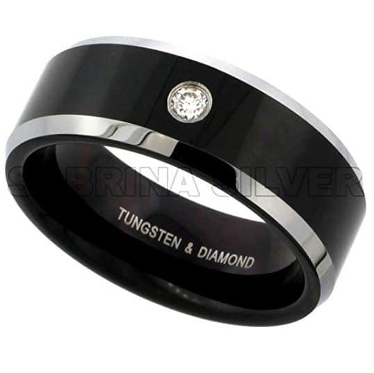 8mm black tungsten 900 diamond wedding ring 0-07-cttw two tone beveled edges comfort fit sizes 8-to-13