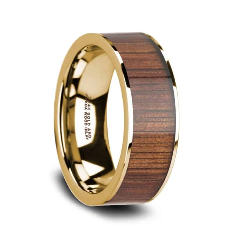 aurelian yellow gold ring wedding band with rare koa wood inlay and polished