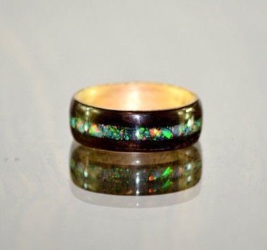 bentwood ebony ring with maple liner and opal inlay