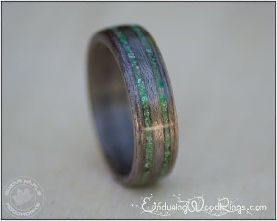 grey maple wood ring with jade inlays