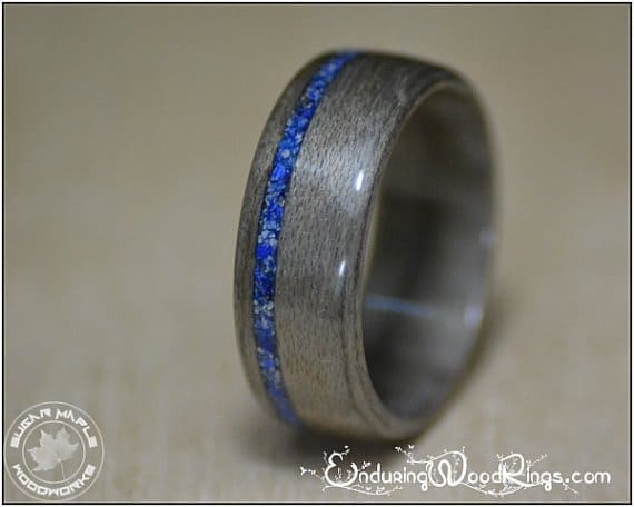 grey maple wood ring with lapis inlay