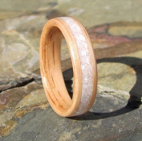 handcrafted oak bentwood ring with crushed mother of pearl inlay wooden anniversary wedding band