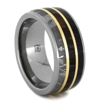 mens wedding band with petrified wood meteorite dinosaur bone