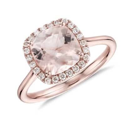 morganite and diamond halo cushion ring