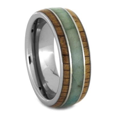 oak wood ring with chrysocolla inlay in tungsten