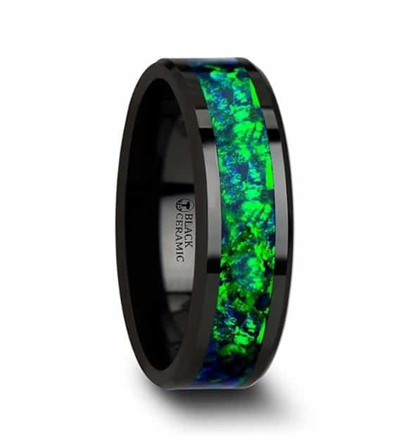 black ceramic wedding band with beveled edgessapphire blue color opal