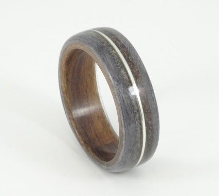 wood ring grey maple rosewood with dinosaur bone meteorite