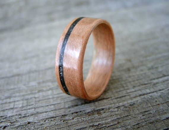 wooden ring pearwood with hematite inlay bentwood ring wedding ring engagement ring