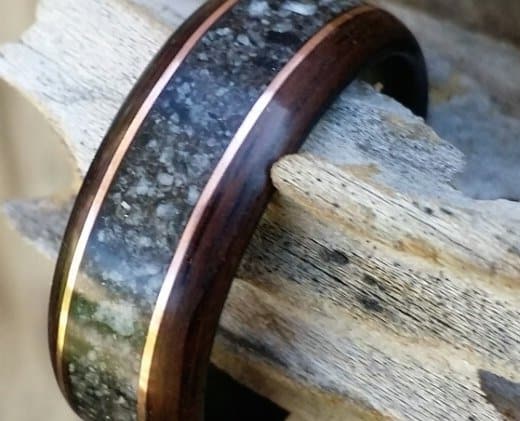 ebony bent wood ring with granite and copper inlay