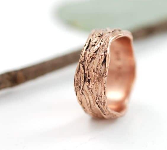 redwood rose gold tree bark wedding ring