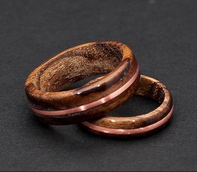 teak wood ring with copper inlay