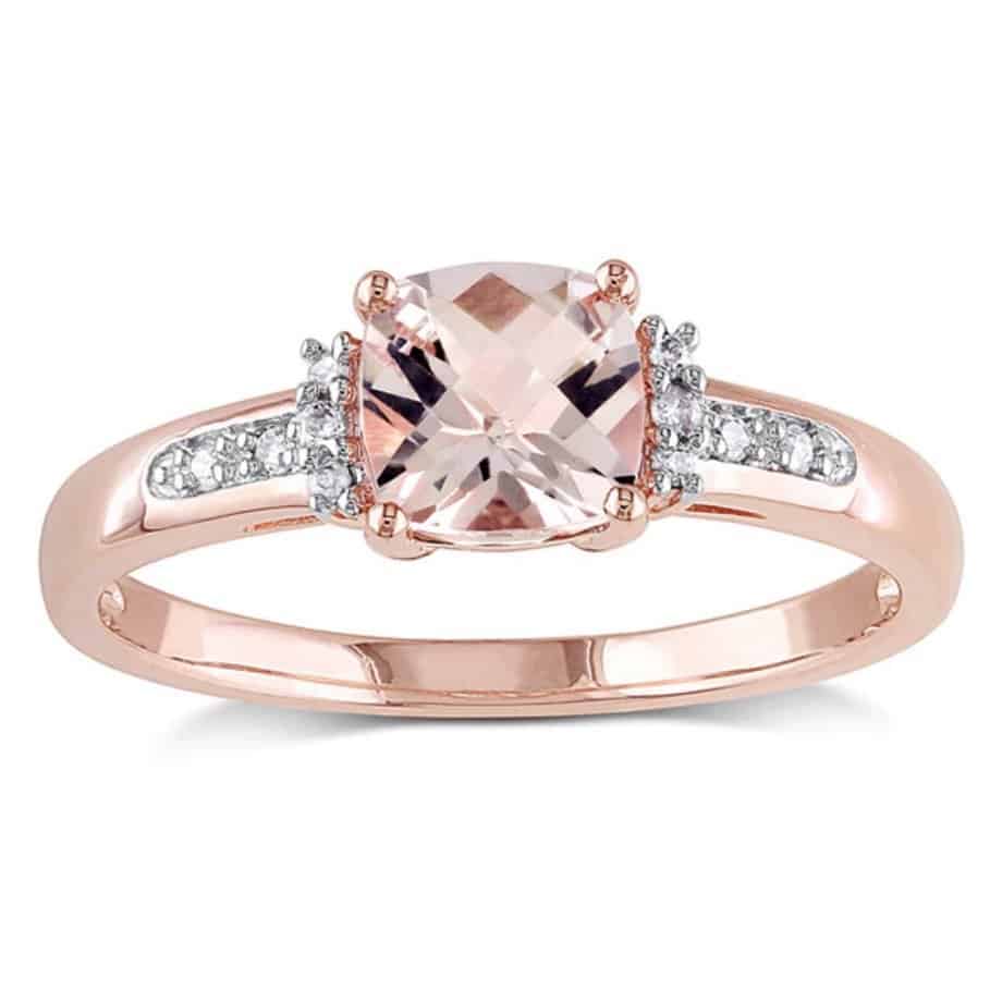 10k rose gold cushion cut checkerboard morganite with diamond accents engagement ring by miadora