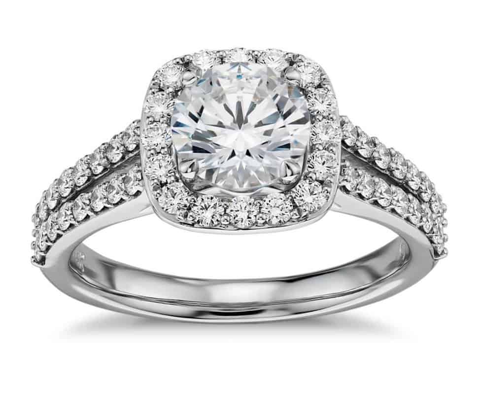 split shank halo diamond engagement ring in 14k white gold with round