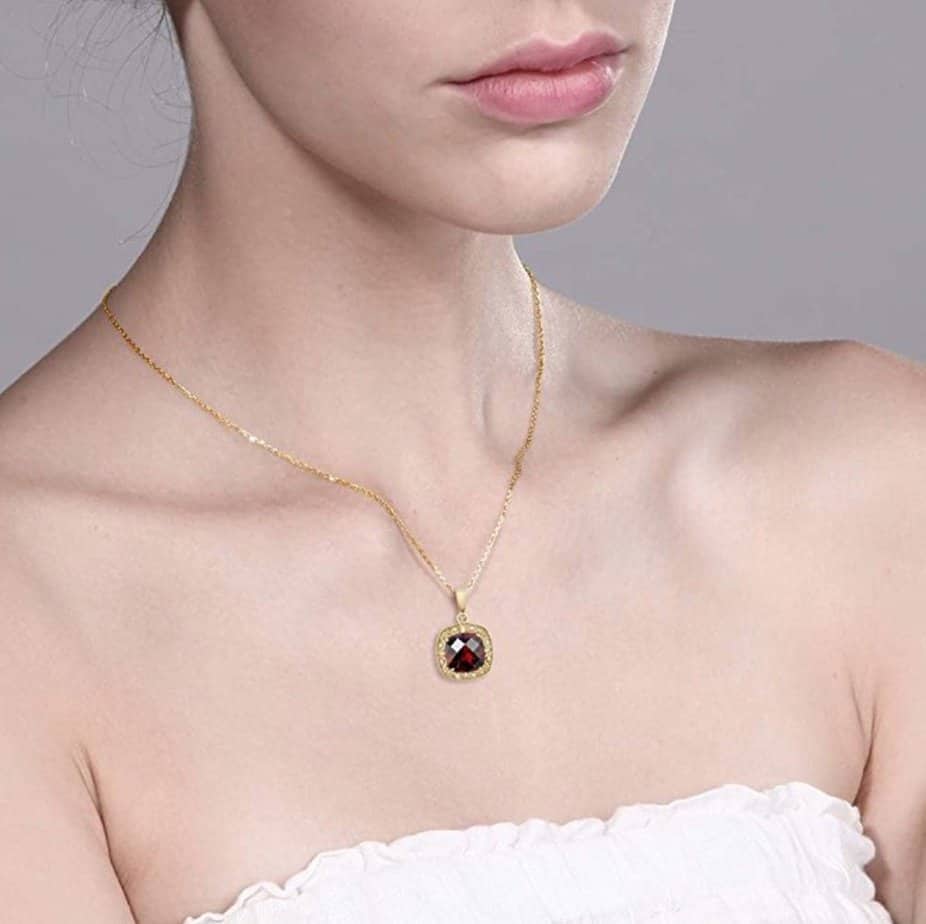 10K Yellow Gold Women's 8mm Cushion Checkerboard Red Garnet and Diamond Accent Necklace