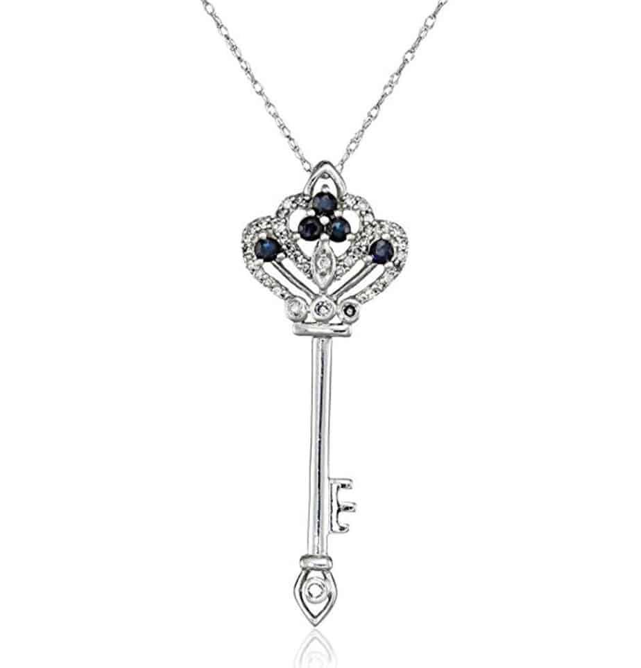 10k White Gold Blue Sapphire and Diamond-Accent Royal Key Pendant Necklace