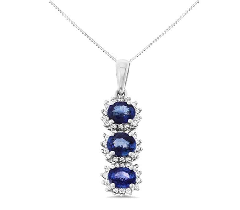 18K White Gold Genuine Natural Blue Sapphire and Diamond Pendant With Square Box Chain Necklace