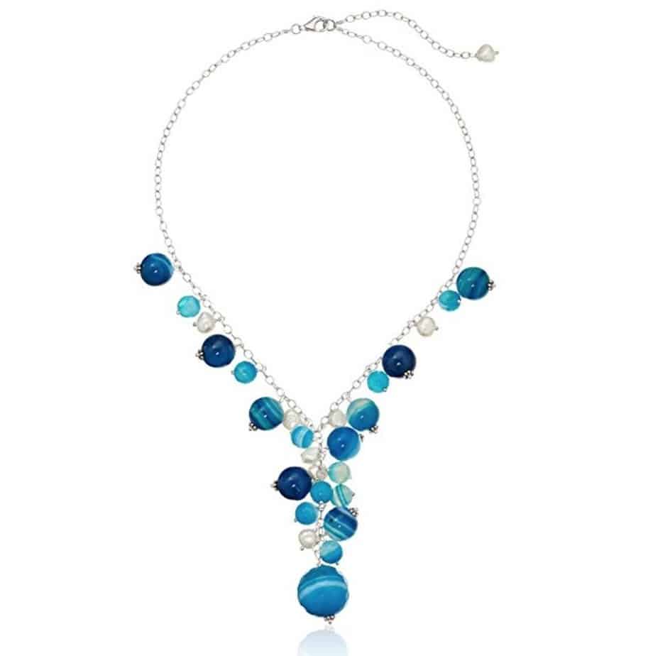 Dyed Blue Agate and Freshwater Cultured Pearls on Sterling Silver Y-Shaped Necklace