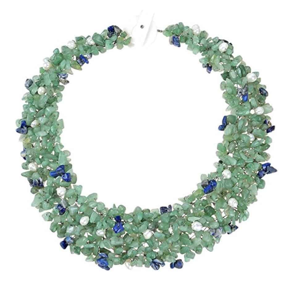 Green Blue Cascades Quartz Cultured Freshwater Pearl Reconstructed Lapis-Lazuli Medley Trio Bib Necklace