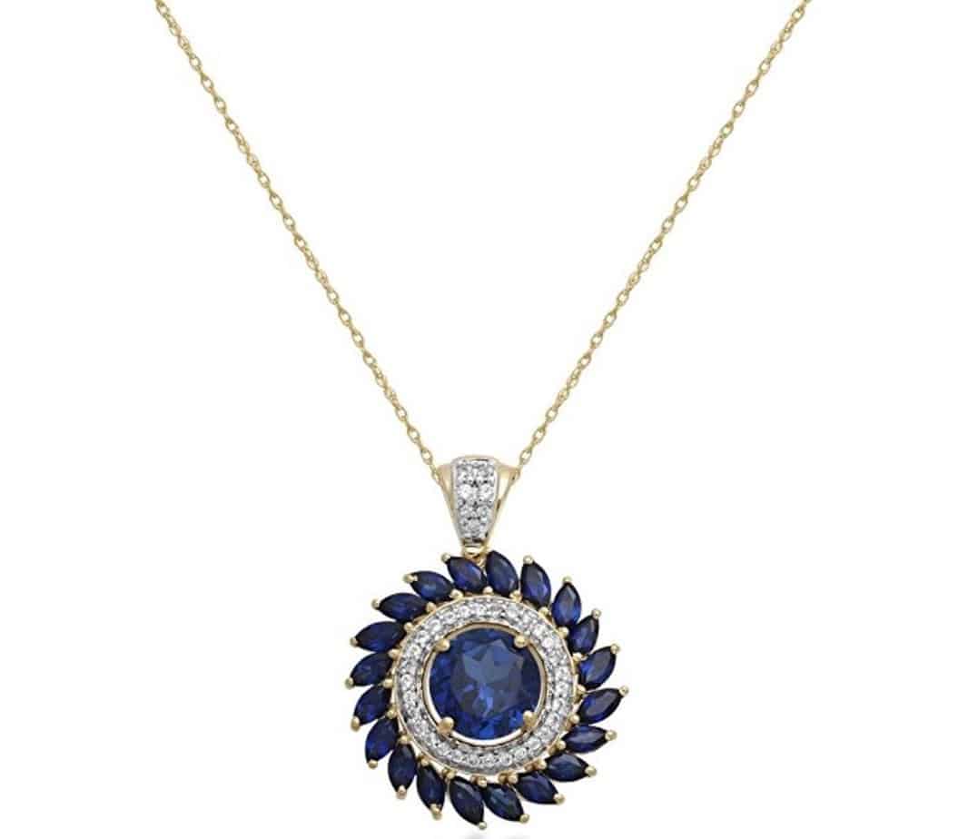 Jewelili 10kt Yellow Gold 8.00MM Created Blue Sapphire Pendant Necklace