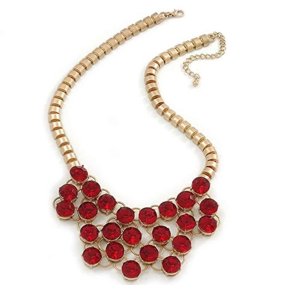 Red Glass Crystal Bib Necklace In Gold Plated Metal