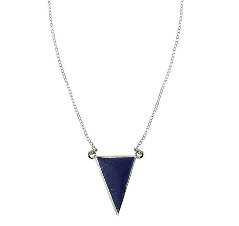 Rhodium Plated 925 Sterling Silver Blue Lapis Triangle Pendant Necklace, 18 Inch