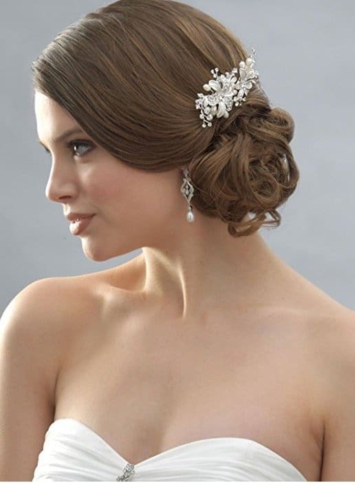 Side Bridal Comb, Wedding Hairpiece with Flowers, Fresh Water Pearls, & Rhinestones 2050