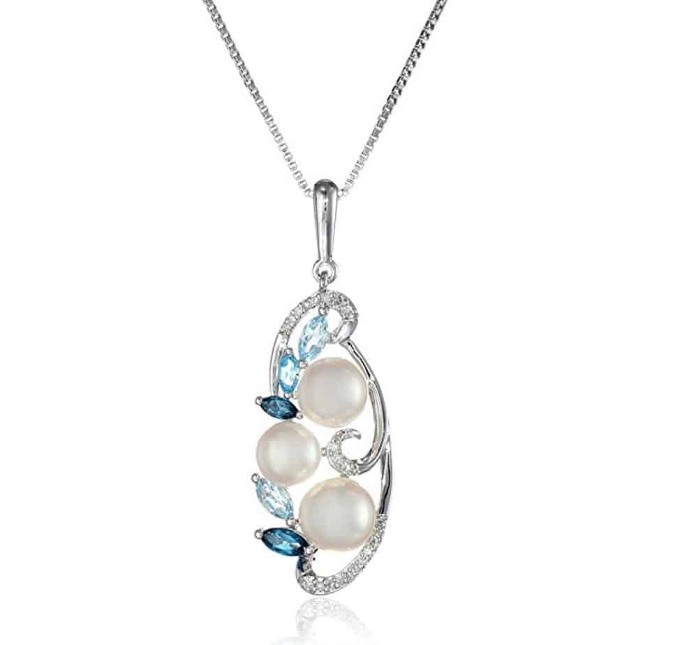 Sterling Silver Cluster Freshwater Cultured Pearl and Mixed Blue Topaz Diamond Drop Pendant Necklace