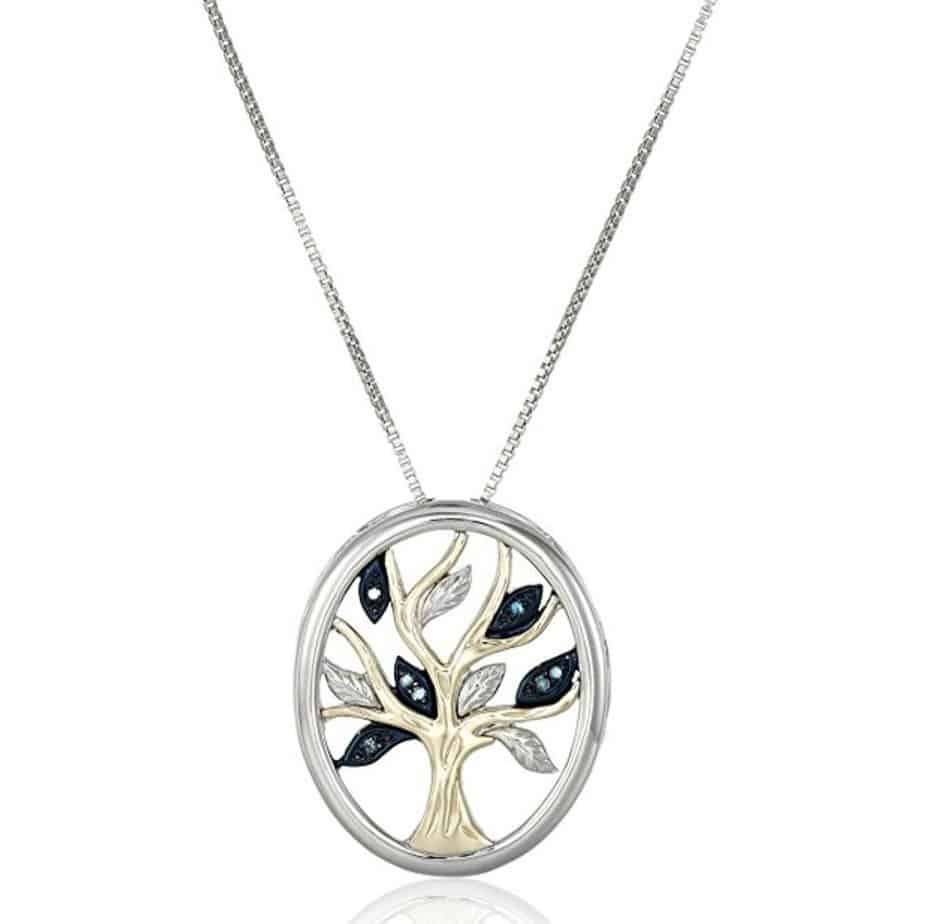 Sterling Silver and 14k Yellow Gold Diamond Accent Family Tree Pendant Necklace