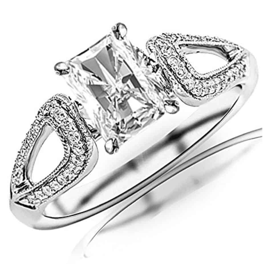 0.7 Carat t.w. GIA Certified Radiant Cut 14K White Gold Vintage Style Split Shank Milgrain Diamond Engagement Ring (I-J Color VS1-VS2 Clarity)