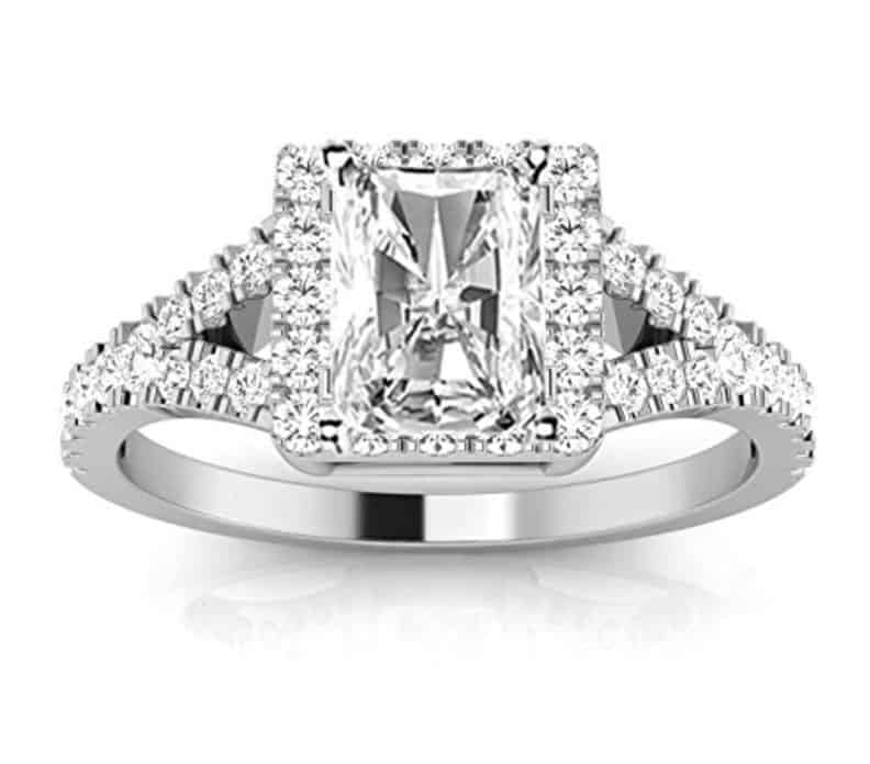 1.1 Carat GIA Certified Radiant Cut 14K White Gold Halo Style Double Row Pave Split Shank Diamond Engagement Ring (I-J Color VVS1-VVS2 Clarity)