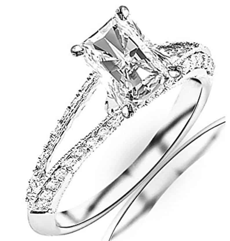 1.2 Carat t.w. GIA Certified Radiant Cut 14K White Gold Split Shank Pave Set Diamond Engagement Ring (I-J Color SI1-SI2 Clarity)