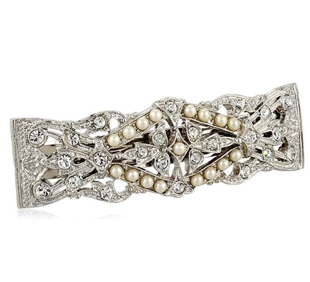 1928 Bridal Silver Tone Crystal Simulated Freshwater Pearl Barrette