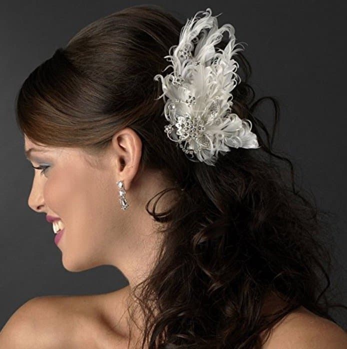 Asha Fabulous Ivory Hair Clip with Rhinestones Wedding Bridal Feather Fascinator