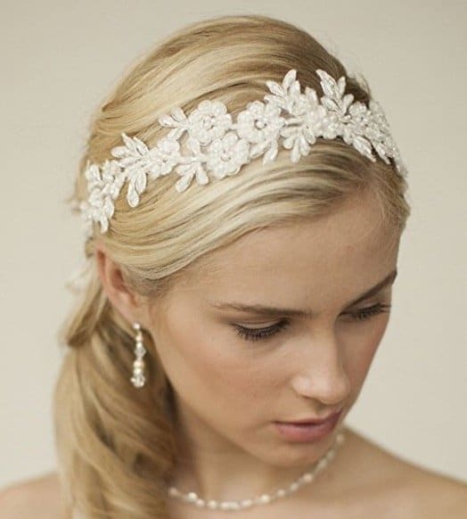 Mariell Handmade Designer Bridal Headband - Ivory Beaded Lace Applique Headpiece