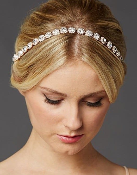 Mariell Rose Gold Wedding Bridal Headband with Round Crystals and Ivory Ribbons