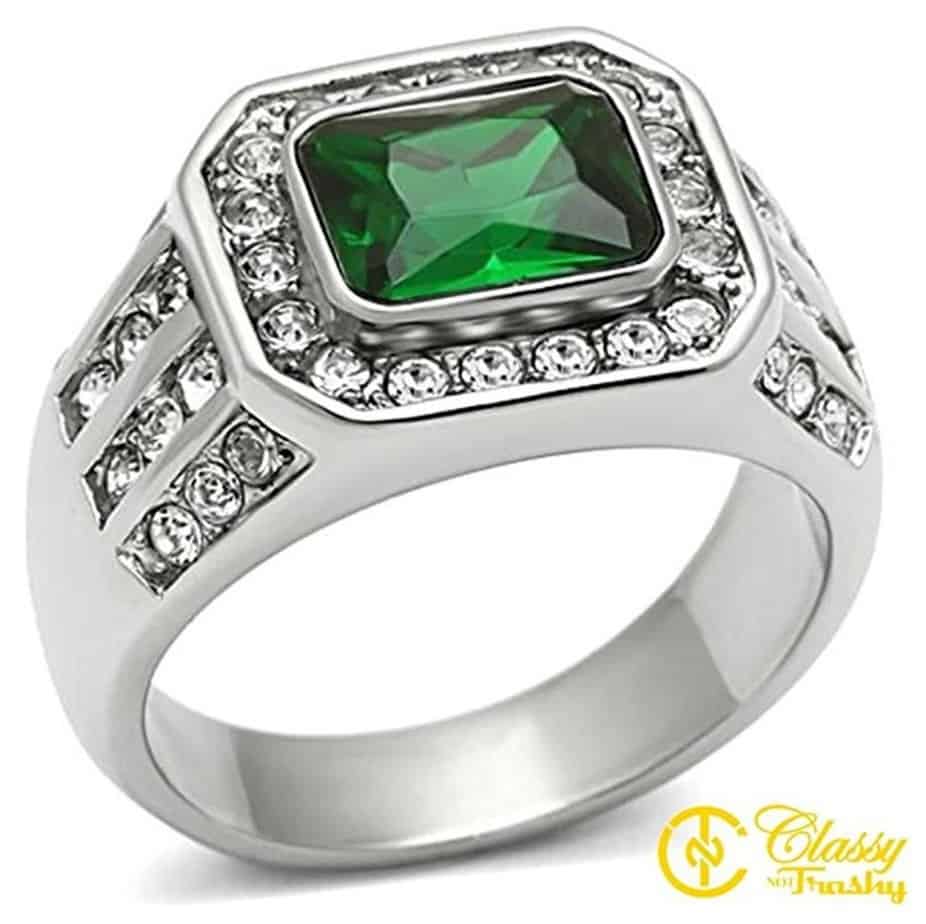 Men's Fashion Jewelry Ring, Premium Grade High Quality Stainless Steel Green Synthetic Stone