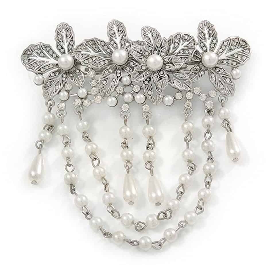 Rhodium Plated Clear Crystal, White Faux Pearl Floral Barrette Hair Clip Grip - 95mm Across