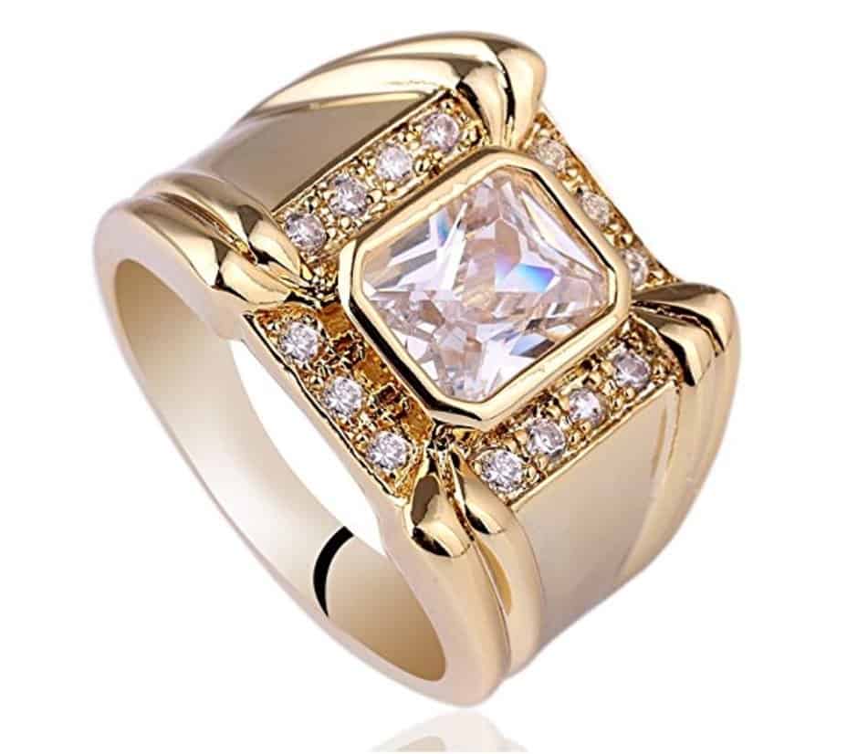 Yellow Gold Plated 7x9mm Radiant Cut Clear CZ Men Ring Big Band