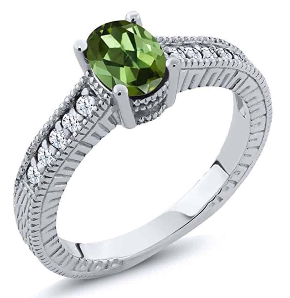 1.25 Ct Oval Green Tourmaline White Created Sapphire 14K White Gold Ring